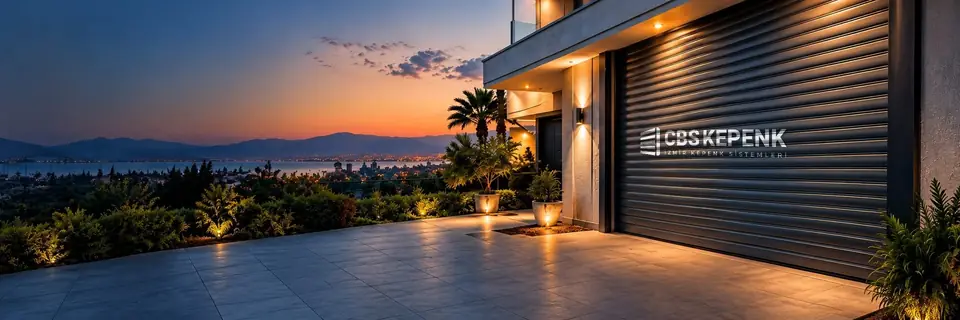 Gece aydınlatmalı villa garajında antrasit otomatik kepenk